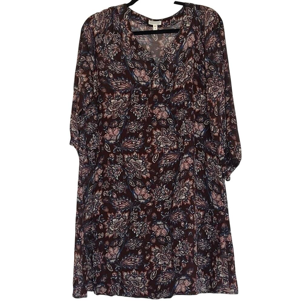 Garnet Hill Dress Size 10 Sheer Burgundy Maroon Floral Print Silk Layered Slip